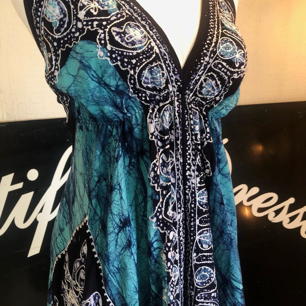 Teal Batik Halter Maxi Dress Boho Festival Coachella Handkerchief Hem Small